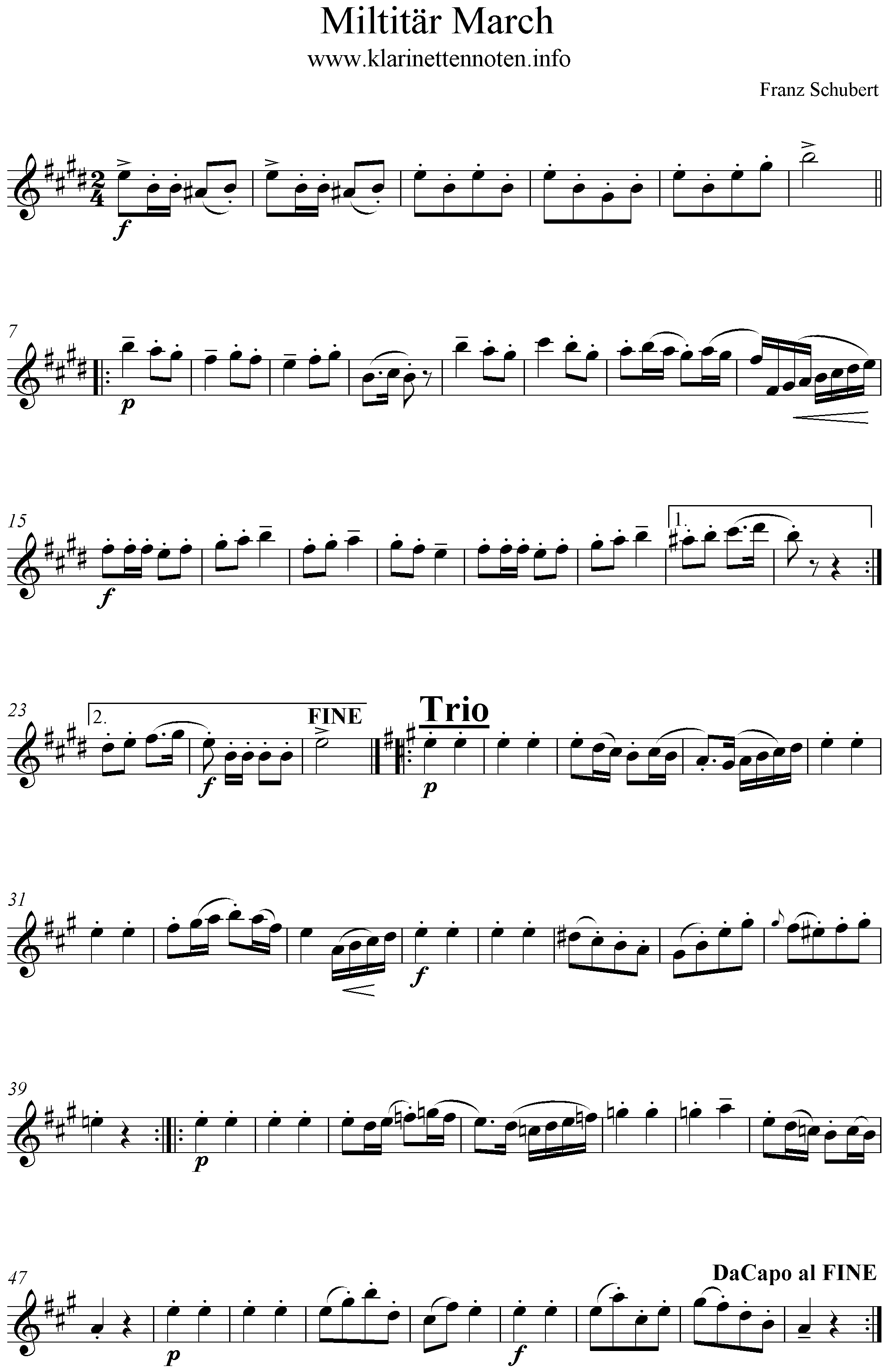 Noten Militärmarsch No1, Schubert, E-Dur